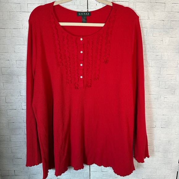 Lauren, Ralph Lauren womens Henley waffle knit T-shirt long sleeve red plus Sz ￼ - Picture 1 of 8